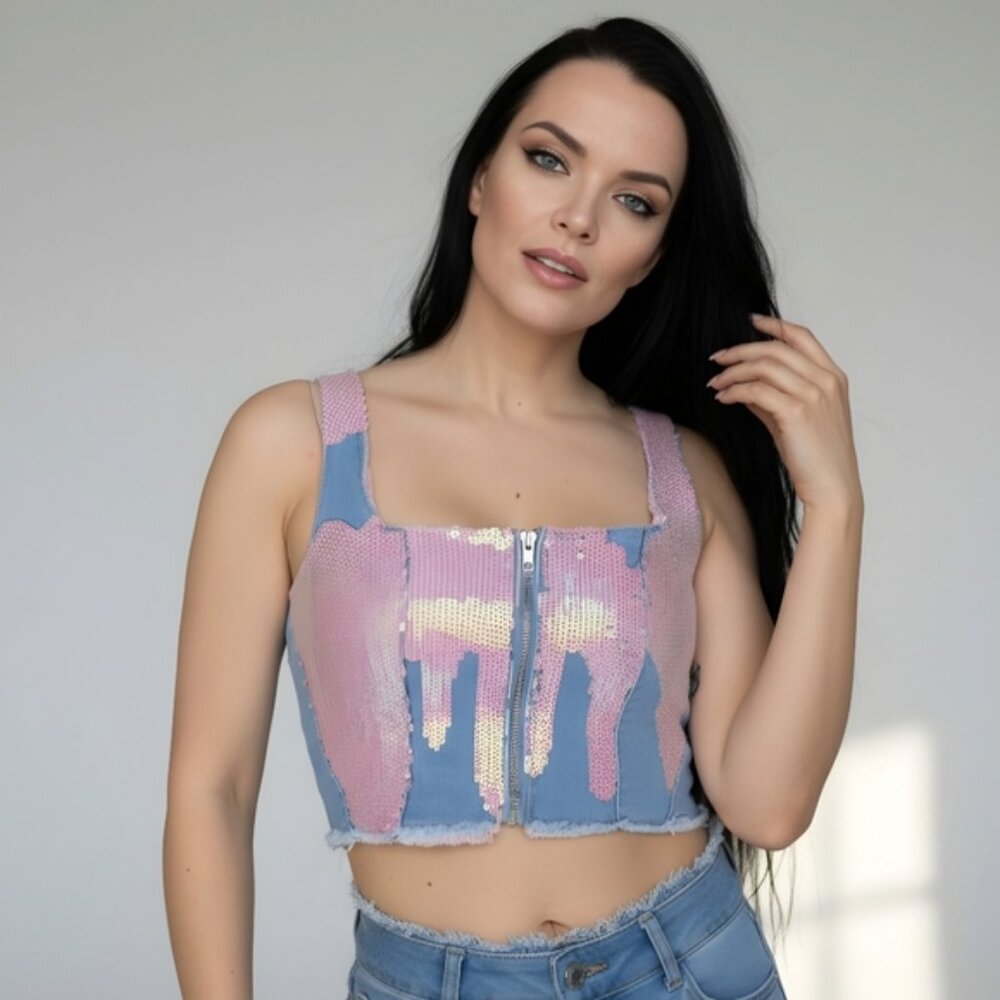 Sugar Thrillz ✦ Sequin Bustier ✦ Pink Sequin Denim Zipper Front Structured Crop